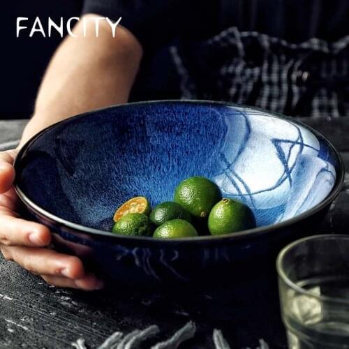 FANCITY 1pc Blue Ceramic Dinner Bowl Cat Eye Design Rice Bowl Round Soup Noodle Bowl Breakfast Kitchen Dinnerware 4.5/8.5 inch