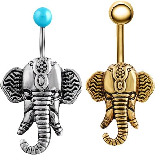 Antique Elephant Belly Button Rings Stainless Steel Navel Belly Bars Balls Body Piercing Jewellery 1.6mm ( 14G )