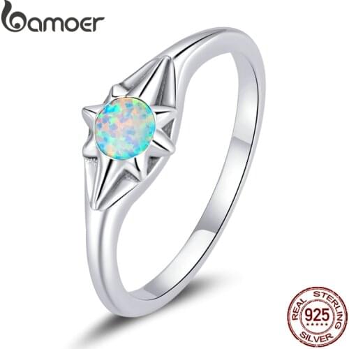 Bamoer Opal Star Ring 925 Sterling Silver Jewelry for Women Six-pointed Star Anniversary Gift Party Statement Jewelry Anillo