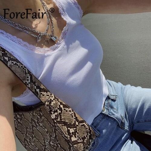 Forefair Short Ribbed Tank Top with Lace Summer 2021 Women Clothing Sleeveless Sheath Square Neck Sexy White Crop Top
