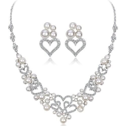 Cute Heart Shaped Bride Wedding Earrings Necklace Jewelry Set Vintage Crystal Imitation Pearl Statement Women Bridal Jewelry