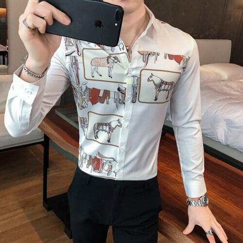 2021 Spring Men Shirts Fun Print Slim Fit Men Shirt Casual Vintage Chemise Homme Social Nightclub Party Male Clothing Streetwear