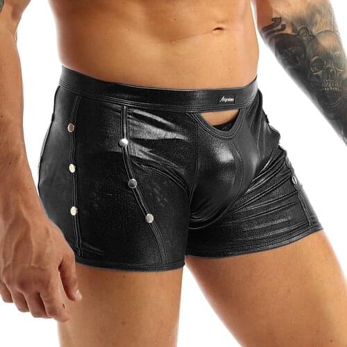 Men Hollow Out Underwear Sex U Boxer Shorts Underpants Imitation Leather Lingerie Clothing Stage Clubwear