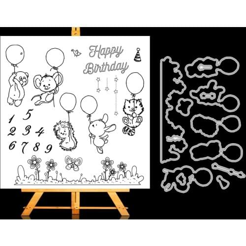 Cartoon Animals Birthday Metal Cutting Dies and Clear Stamp Set for DIY Scrapbooking Photo Album Decoretive Embossing Stencial
