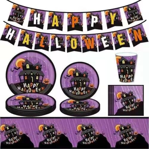 Halloween Party Tableware Set Tablecloth Witch Pumpkin Bat Disposable Dinnerware for Halloween Party Supplies