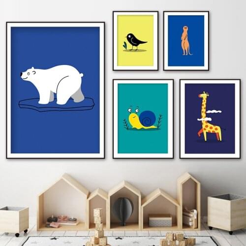 Funny Cute Cartoon Animals Poster Dog Giraffe Cat Bear Bird Rabbit Wall Art Canvas Painting Modular Pictures Baby Room Decor