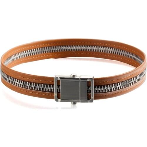 Brown Genuine Leather Chokers Necklaces Zipper Design Bracelet Necklace Collar Dual Use 41CM