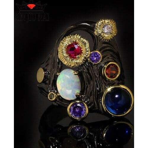 New punk style Opal black gold modern mixed gemstone irregular bright night sky sapphire ring women fashion jewelry