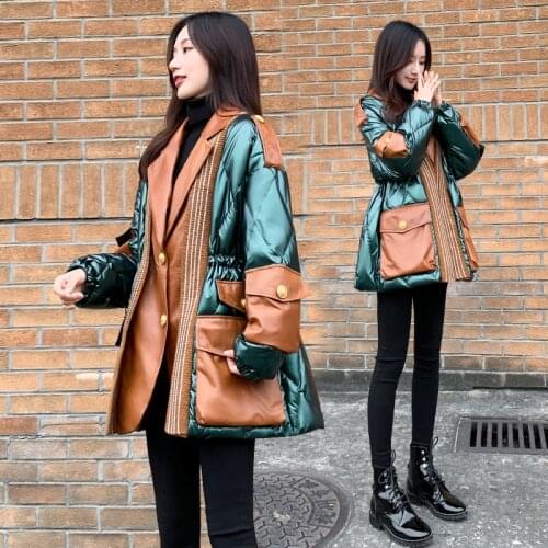 2021 Winter New Thicken Glossy Down Jacket Slim Mid-length Stitching White Duck Down Coat Suit Collar Warm Ladies Parkas Outwear