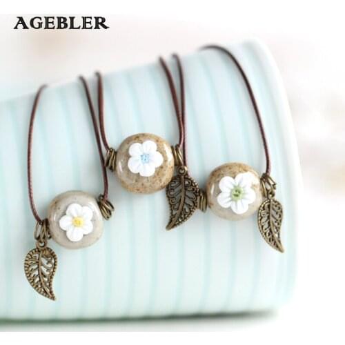 Original Handmade Ceramic Flower Necklaces for Women Girl Rope Chain Necklace Leaf Pendant Fashion Vintage Jewelry Boho style