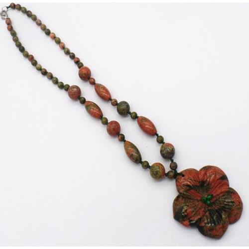 1 Strand 50x8mm Wholesale Natural Unakite Jasper Flower Pendant Necklace Jewelry Ornaments 16.5inch S265