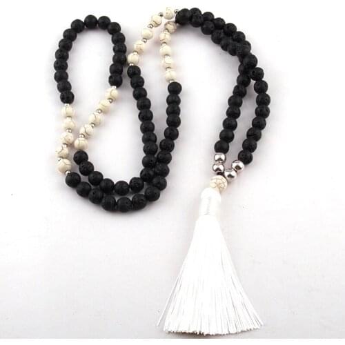 Free Shipping Fashion Black Lava White Stone Long White Tassel Necklace For Women Lariat Necklaces