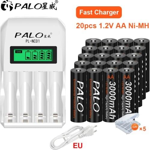 PALO 100% original 1.2v AA3000mah rechargeable battery aa 1.2v nimh aa battery with LCD smart charger for 1.2v nimh aa aaa