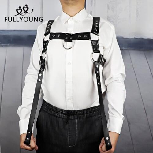 Fullyoung Black Rivet Leather Harness Belts Men Bondage Adjustable Chest Strap Muscle Curve Outline Suspender Waist Jeans Garter