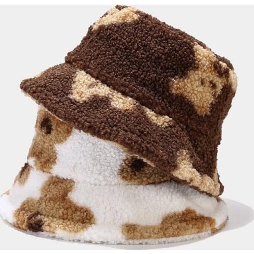 Hat Female Autumn Winter Cute Bear Design Thickened Warm Bob Hat Fashionable Outdoor Lamb Wool Fisherman Hat Womens Hats