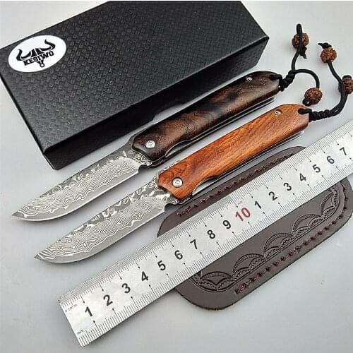 Damascus folding knife pocket survival knives outdoor camping gift rescue small wood handle key chain with Leather case EDC tool
