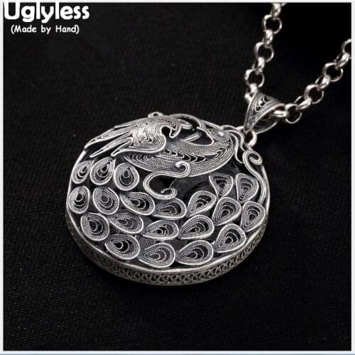 Uglyless Real 999 Fine Silver Women Palace Designer Filigree Peacock Pendant without Chain Vintage Hollow Jewelry Round Bijoux