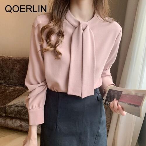 QoerliN S-2XL OL Pink Blouse Women Elegant Solid Color Shirt Long Sleeve College Style Casual Loose Blouse Plus Size Shirts