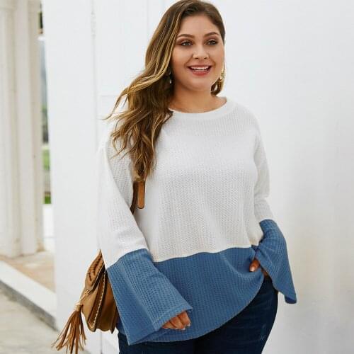2021 New Autumn Women Patchwork Casual Top Base All Match For Ladies O Neck Long Sleeve Knitted Blouses Plus Size 4XL