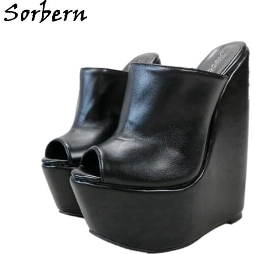 Sorbern Open Toe Black Wedge Mules Pump High Heel Platform Shoe For Ladyboy Heels For Crossdresser Women Summer Shoes Custom