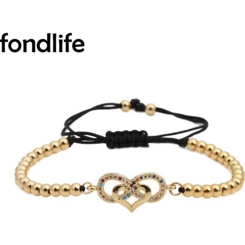 Multicolor Rainbow Cubic Zirconia Crystal Gold-plated Copper Infinity Love Heart Bracelet Women 4mm Brass Beads Cord Jewelry Her