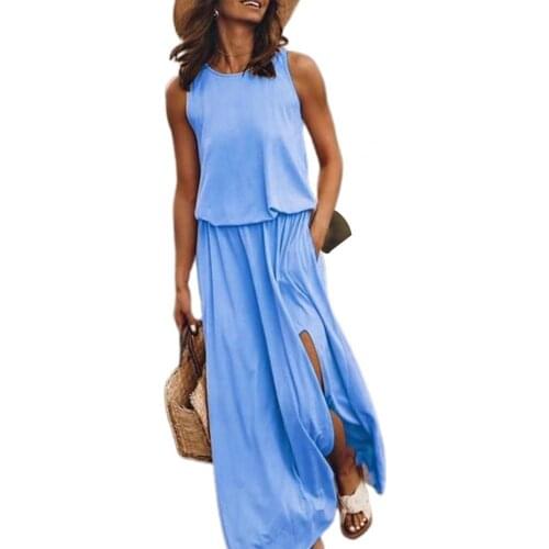 Simple Long Dress Solid Color Split Hem Women Sexy Round Neck Sleeveless Summer Dress Streetwear vetement femme платье летнее