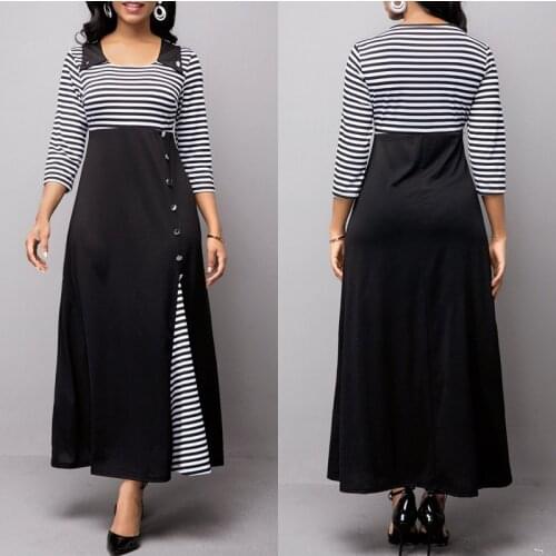 Women 2021 Autumn Casual Size S-5xl High Waist Stripe Patchwork Maxi Dress Vintage O-neck Elegant Asymmetrical Long Dress