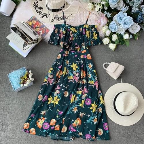 Sandy Beach Summer Clothes For Women Fashion Ruffles Boho Printed Spaghetti Strap Dress Vestidos Ladies Slim A-line Chiffon Robe