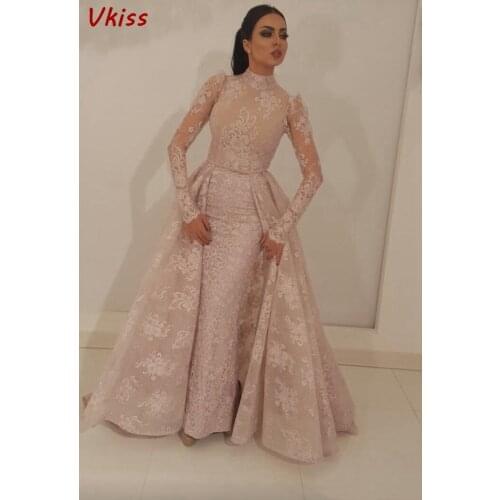 2020 Muslim Champagne Lace Evening Dresses Sexy Women Party Robe De Soiree Elegant Saudi Arabia Vestidos Long Prom Maxi Dress