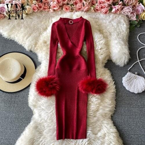 YornMona Autumn Winter Women Shining Knitted Sweater Dress Sexy Hollow Out V-neck Halter Bodycon Dress Red Christmas Party Dress