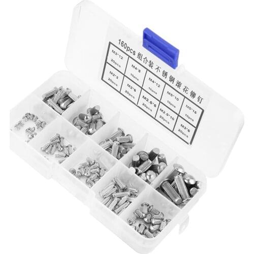 160pcs M2-M5 Stainless Steel Rivets Round Head Knurled Shank Solid Rivets Assortment Set Hardware Repairing Hand Tool Set