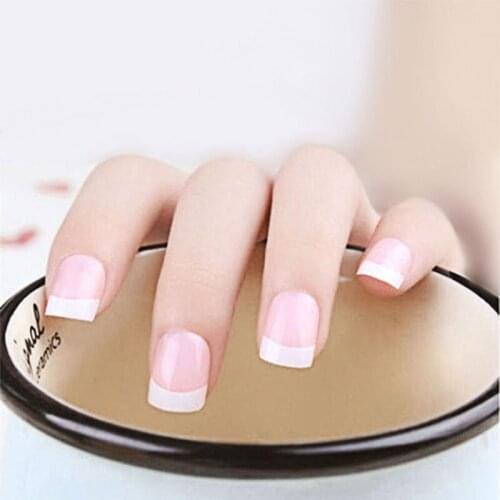 24pcs/set Beige Color Artificial Nails Sweet Smile Line False Nails With Glue Sticker Classical Almond Shape French Fake Nail