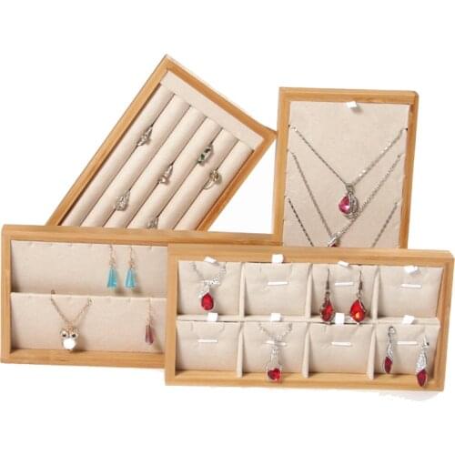 4Pcs Beige Natural Bamboo Wood Necklace Bracelet Ring Stand Earring Storage Tray Jewelry Tray Display Props