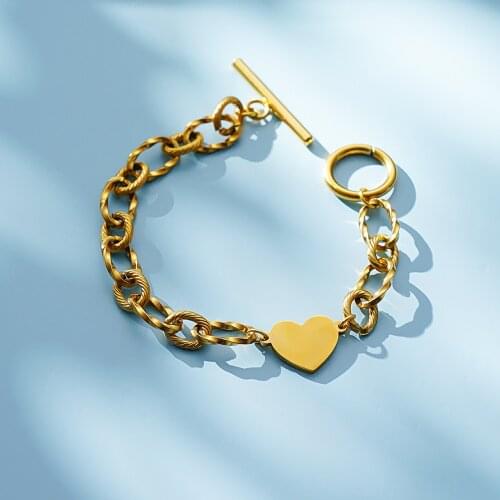 FANSHIDI Heart Pendant Embossing Rolo Chain Toggle-Clasps Bracelet For Women Hip Hop Exquisite Gold Metal Bracelet