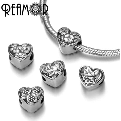 REAMOR 316L Stainless steel European Style Peach Blossom Four-leaf Clover Charm Heart Beads For Bracelet DIY Jewelry Making