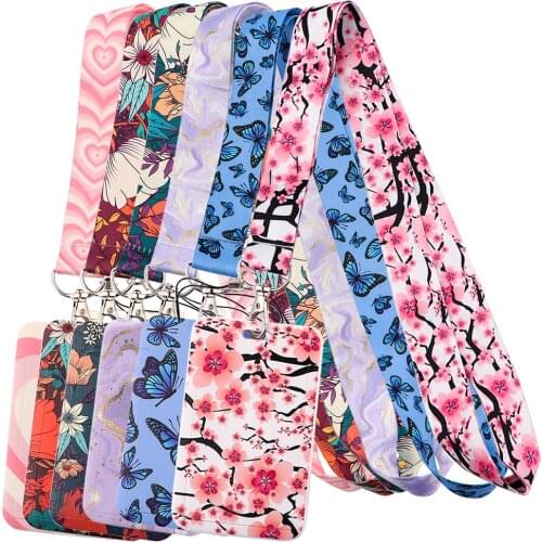 DZ1445 New Sakura Cherry Blossoms Flower lanyard card ID Badge Holder Keychain Pass Gym Mobile Kids Key Holder Key Rings Gifts