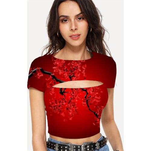 Somepet Flower T-shirt Women Art Hollow Out T shirts Red Navel Bare Harajuku Tshirts Casual Short Sleeve Sexy Fashion Style Tops
