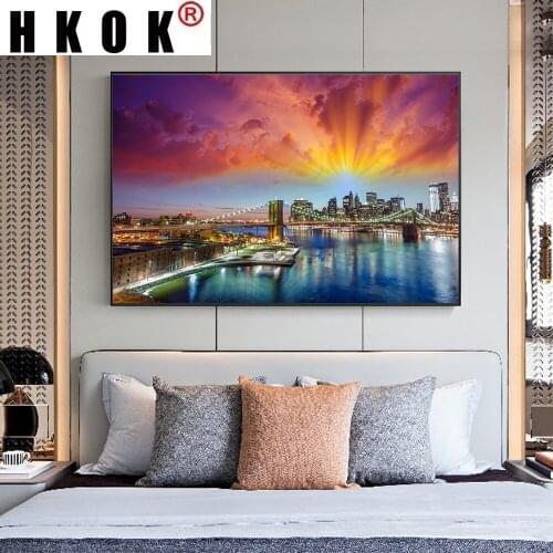 HKOK Abstract Brooklyn Bridge Night View Landscape Art Canvas Paintings on The Wall Art Pictures Poster Print Modern Home Decor