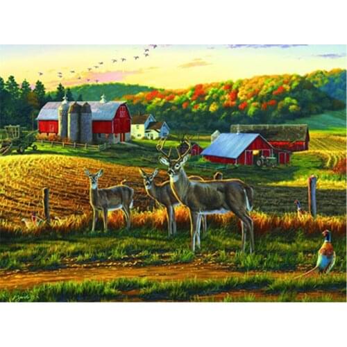 Hobbies Crafts Diamond Embroidery Landscape Rural House Farm Deer Mosaic Diamond Painting Picture of Rhinestones Cros-stitch Kit