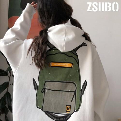 Korea Womens sweatshirts Long-sleeved women hoody Winter Preppy style School bag printing fashion fall solid Thickening Coat