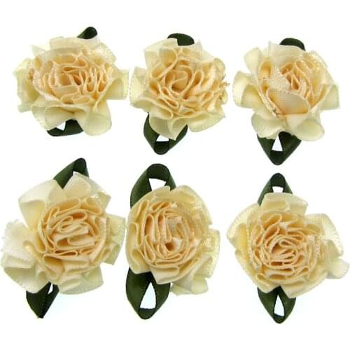 30pcs 1" Cream Carnation Satin Fabric Flowers Leaf Ruffle flowers Appliques Sewing Wedding Hair Accessories 25mm