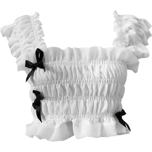 PERHAPS U White Black Tank Sleeveless Slash Neck Summer Solid Camis Tops Short Crop Bow Ruffle B0614