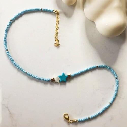 Fashion Simple Blue Rice Beads Necklace Handmade Star Pendant Choker Gold-color Silver-color White Star For Women Charm Colier