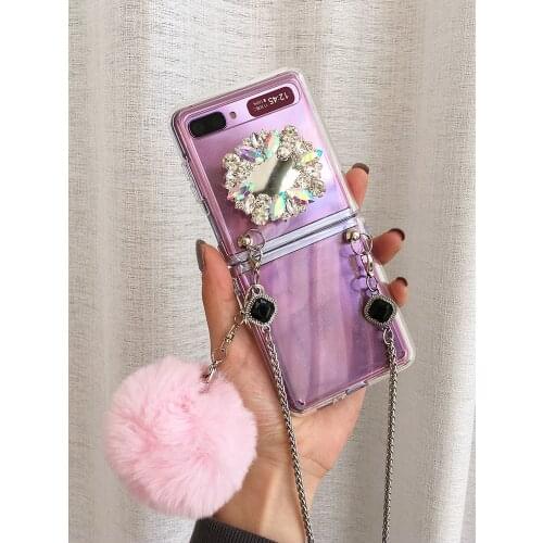 Fashion Cute Pink Fur Ball Pendant With Rope Folding Protective Sleeve Case Cover For Samsung Galaxy Z Flip 4G 5G 3 F7000 F7070