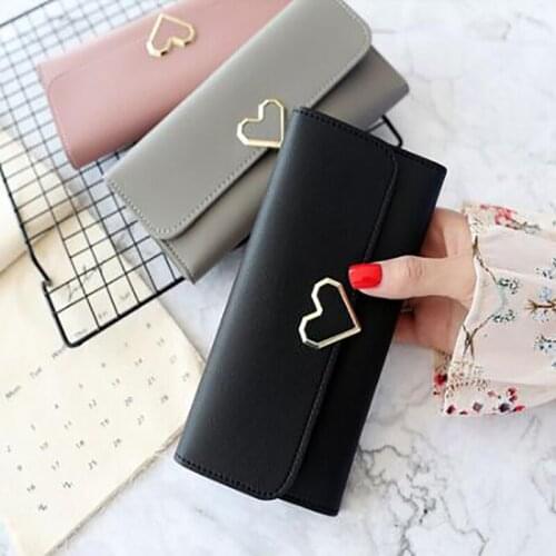 New Cute PU Leather Purse Heart-shaped Decoration Long Multi-card Wallet Purse Buckle Clutch Mobile Phone Student Womens Wallet