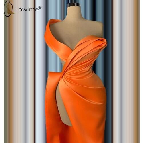 Orange Sexy High Split Evening Dresses Arabic Style Ruched Mermaid Floor Length Formal Prom Gowns