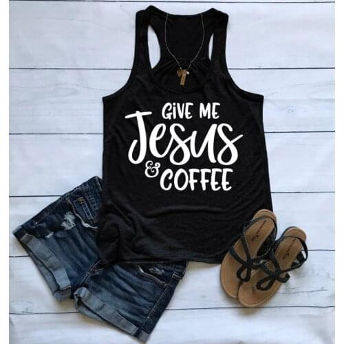 Casual Stylish Christian Jesus Lover Gift Sexy Summer Sleeveless Bible Tank Shirt Vest Give Me Jesus & Coffee Graphic Tank Tops