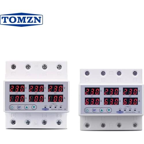 3 Phase 380V Din rail Voltmeter Ammeter adjustable Over and Under Voltage current limit protection Monitor Relays Protector