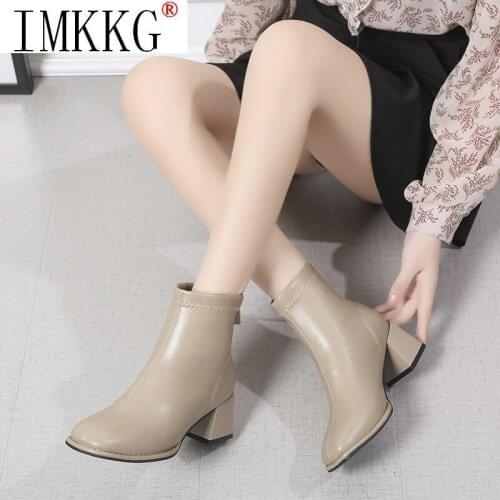 2021 Winter Chunky Sock Boots Luxury Brand Women 7cm Block Square Toe High Heels Ankle Boots Female Square Toe Chelsea Booties