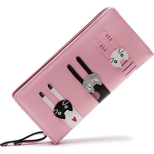New Fashion Women' Long Wallet PU Leather Three Cute Cartoon Cats Girls' Purse Students' Card Holder Female Zipper Clutch Bag